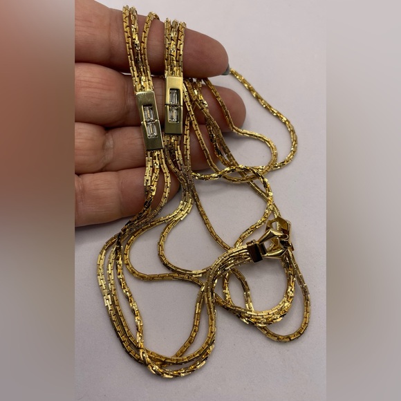 Vintage Gold Tone Multi Chain Necklace with Faceted Crystal Accents - Picture 5 of 7